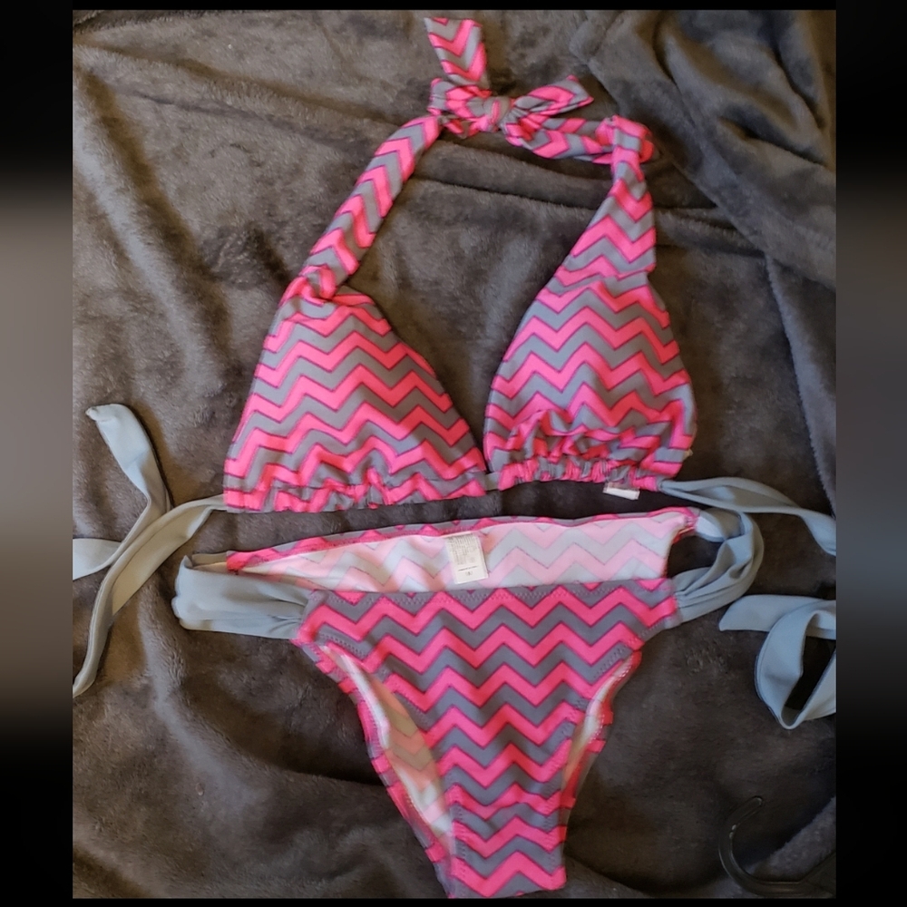 Pink gray medium chevron swim suit bikini